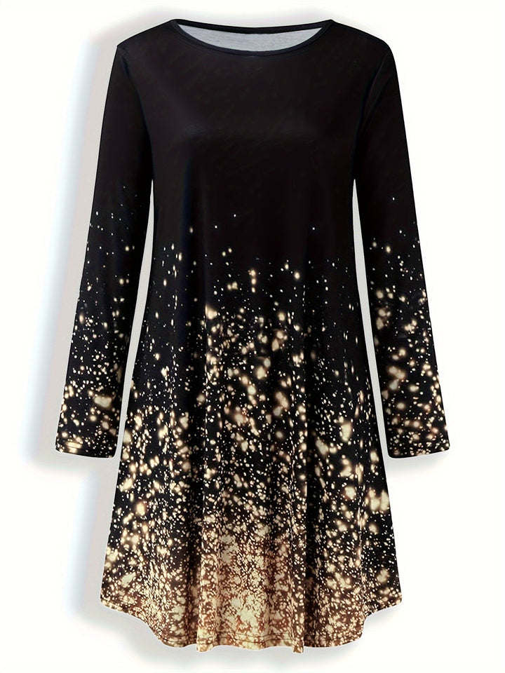 Dame midi kjole med kunstnerisk print og lange ærmer, blødt materiale, yndefuld og fleksibel design.
