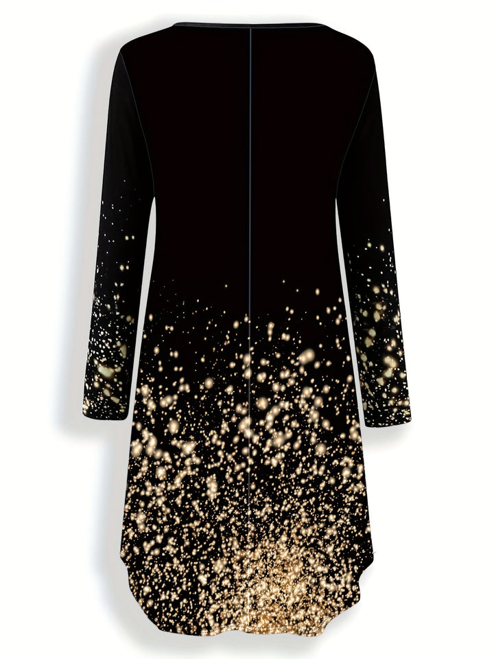 Dame midi kjole med kunstnerisk print og lange ærmer, blødt materiale, yndefuld og fleksibel design.