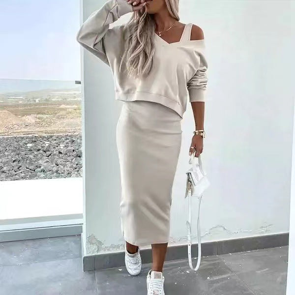 Dame midi kjole og kort hættetrøje, off-shoulder, åndbar komfort, sporty og chic stil, alsidigt outfit.