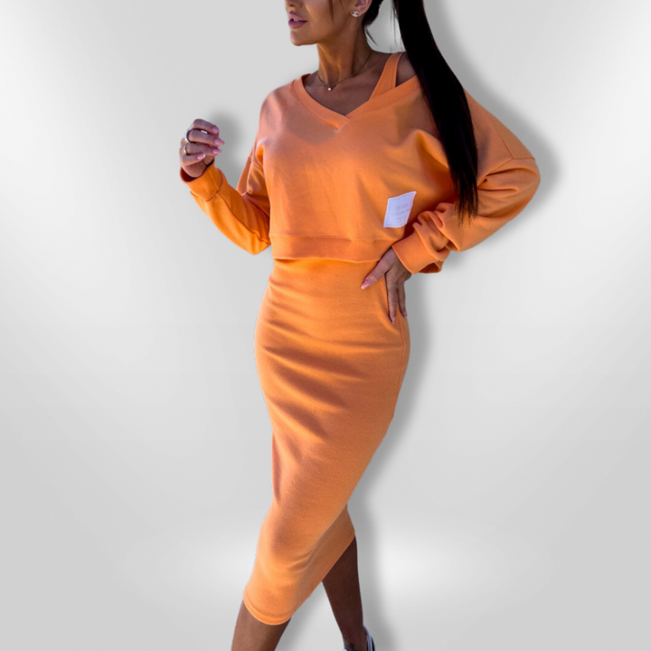 Dame midi kjole og kort hættetrøje, off-shoulder, åndbar komfort, sporty og chic stil, alsidigt outfit.