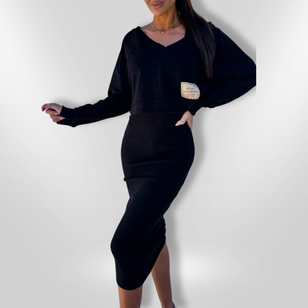 Dame midi kjole og kort hættetrøje, off-shoulder, åndbar komfort, sporty og chic stil, alsidigt outfit.