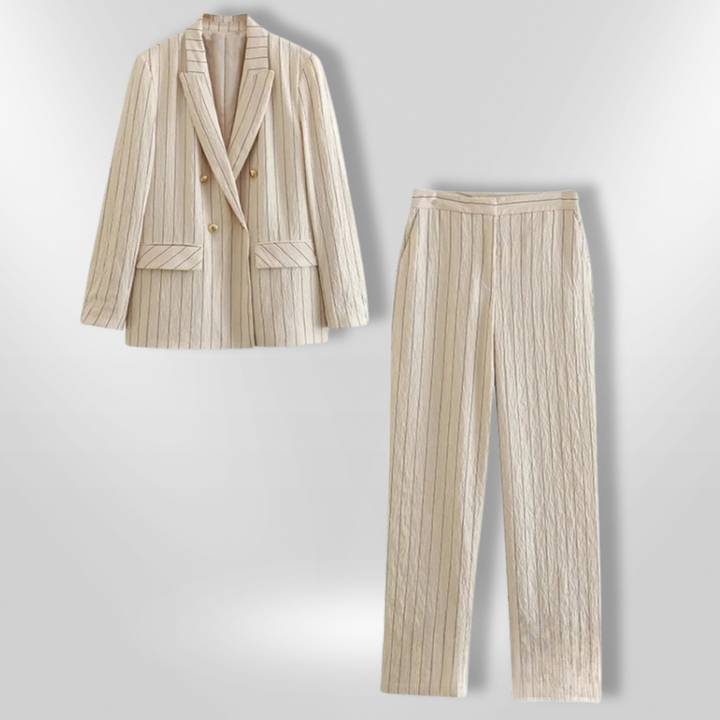 Dame blazer- og buksesæt med diskret stribet mønster, et stilfuldt tre-delt outfit til kontor og fest.