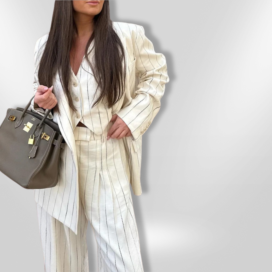 Dame blazer- og buksesæt med diskret stribet mønster, et stilfuldt tre-delt outfit til kontor og fest.