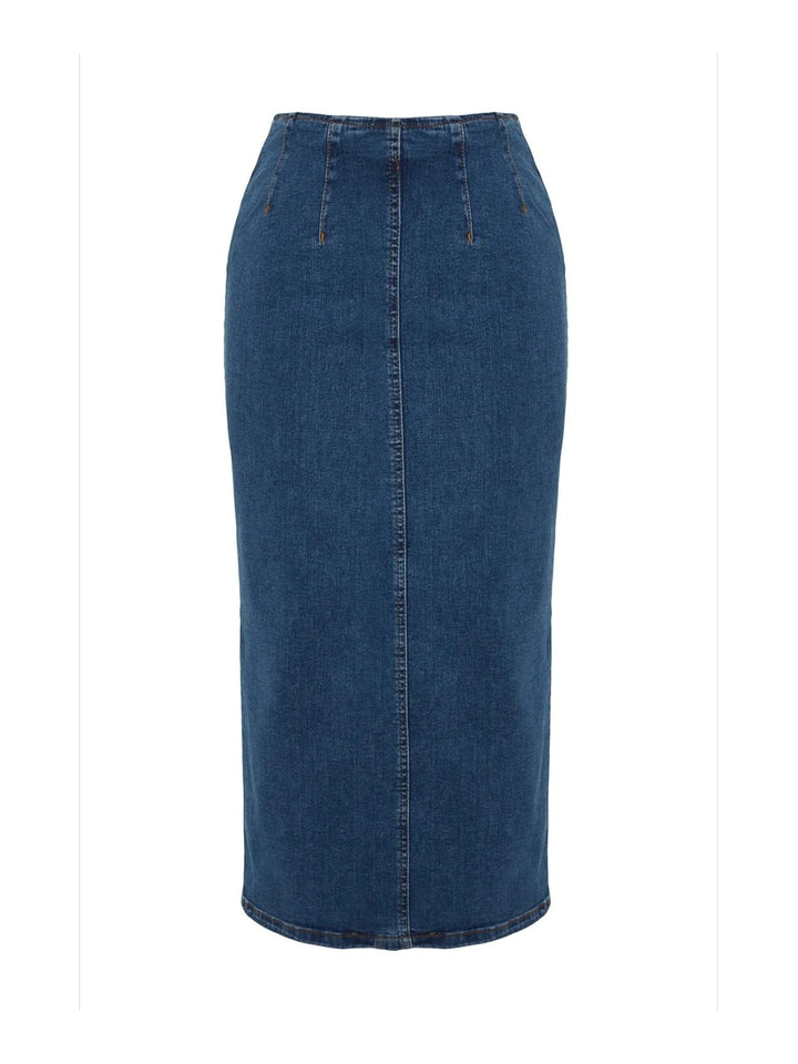 Dame alsidig midi denim nederdel, slank pasform, klare sømme, denim, lige under knæet.