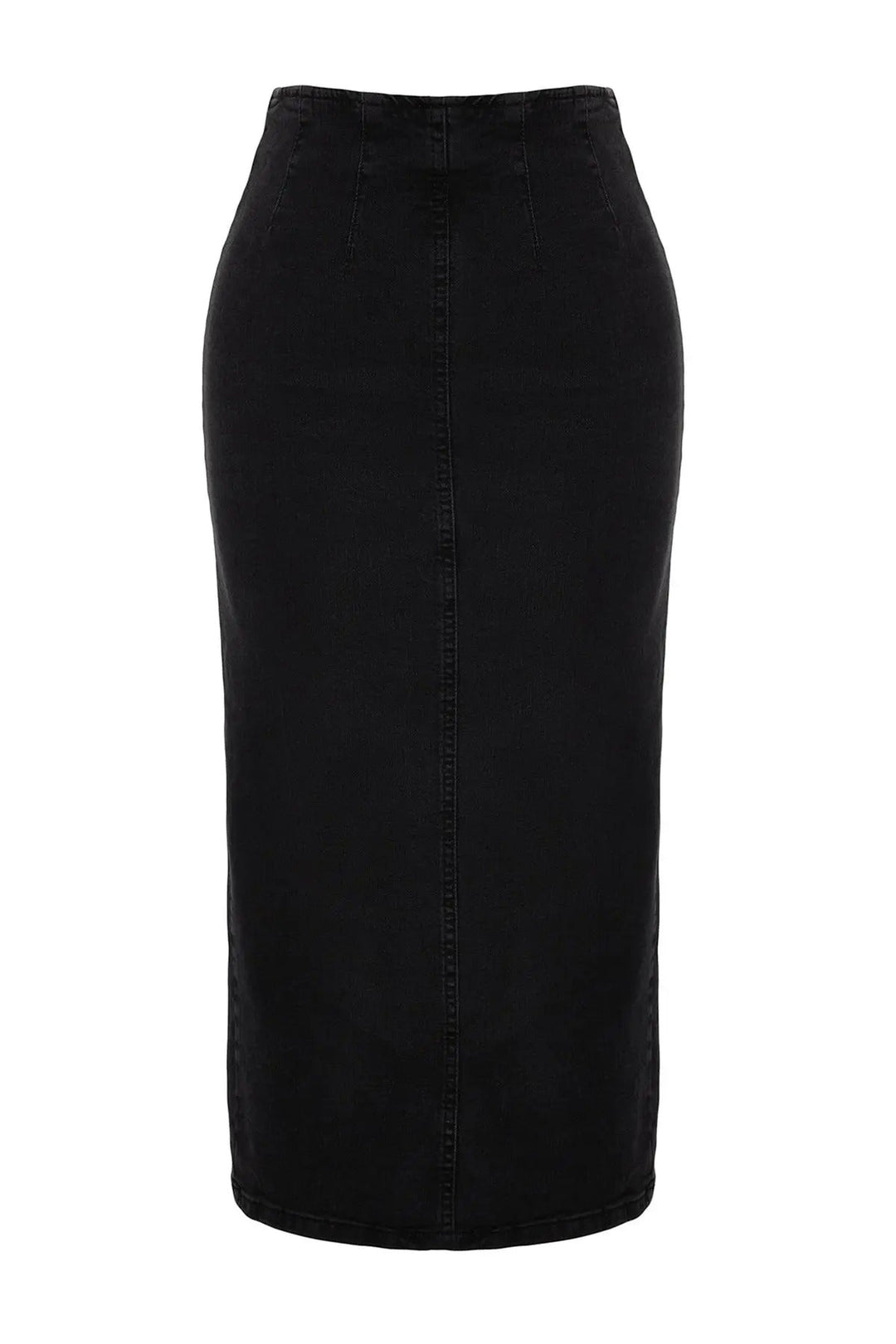 Dame alsidig midi denim nederdel, slank pasform, klare sømme, denim, lige under knæet.