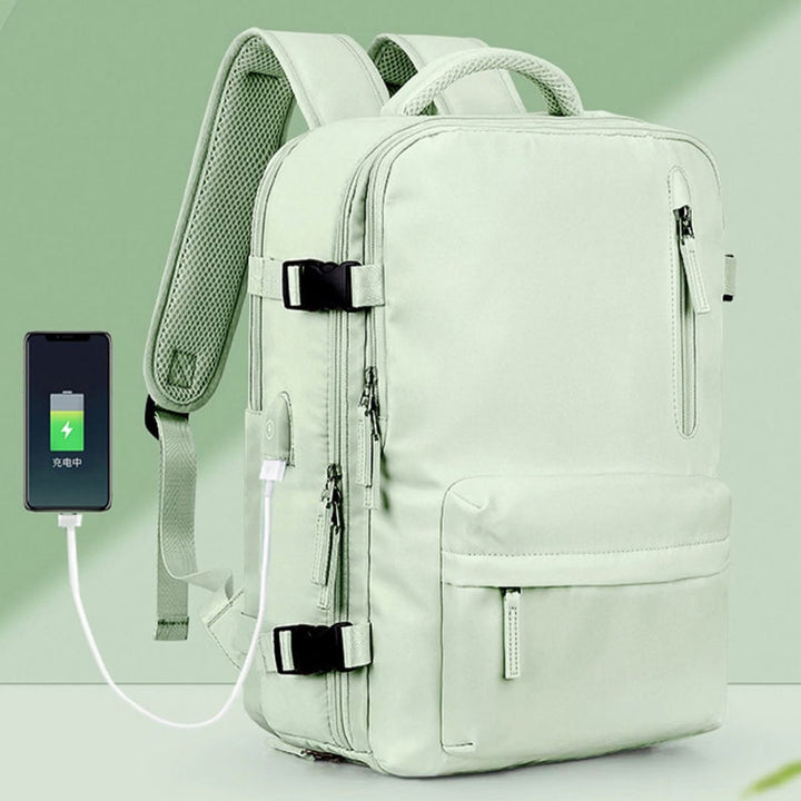 Dame multifunktionel vandtæt rejsetaske med USB-opladning, grøn, ergonomisk design, lommer, velegnet til rejser.