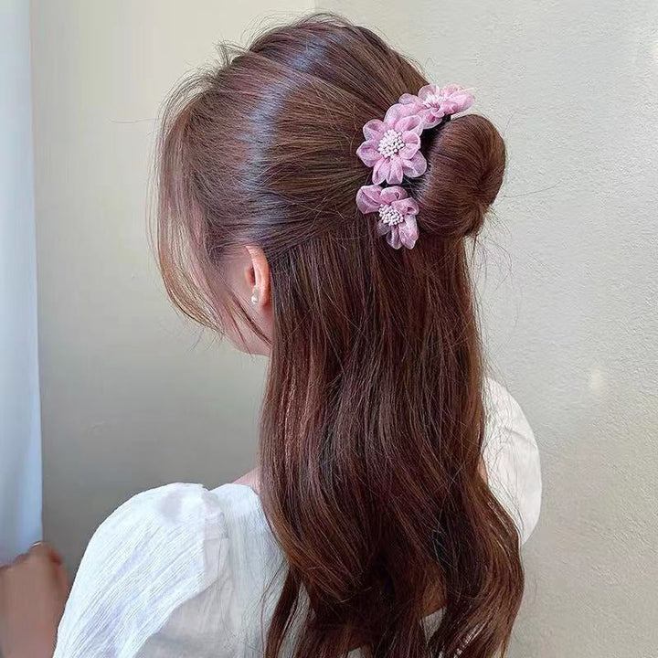 Dame multifarvet hårbånd med blomstermønster, hvid, lyserød, grå, lilla, elegant tilbehør.
