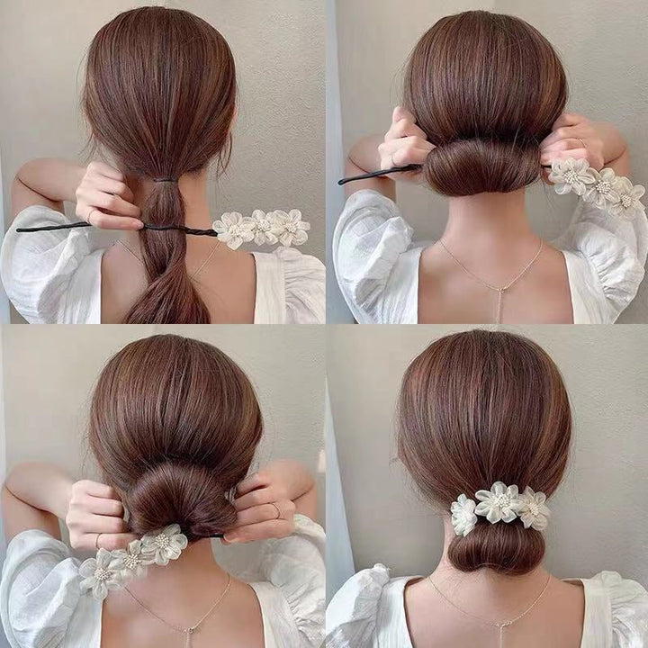Dame multifarvet hårbånd med blomstermønster, hvid, lyserød, grå, lilla, elegant tilbehør.
