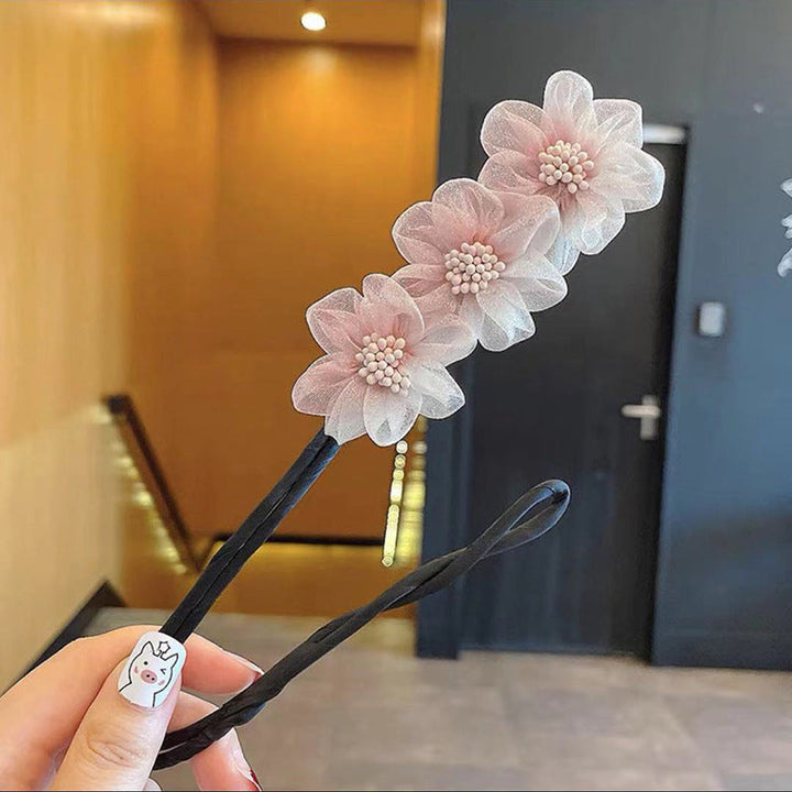 Dame multifarvet hårbånd med blomstermønster, hvid, lyserød, grå, lilla, elegant tilbehør.
