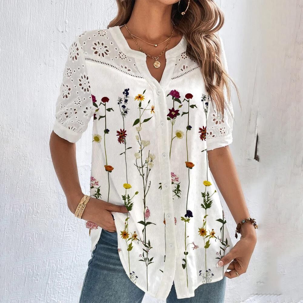 Damebluse med legende print, flerfarvet, beige