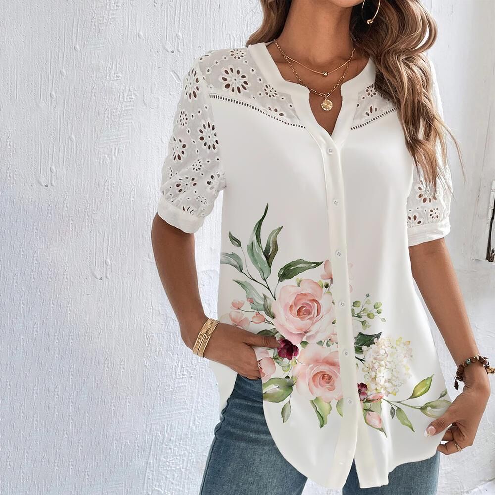 Damebluse med legende print, flerfarvet, beige