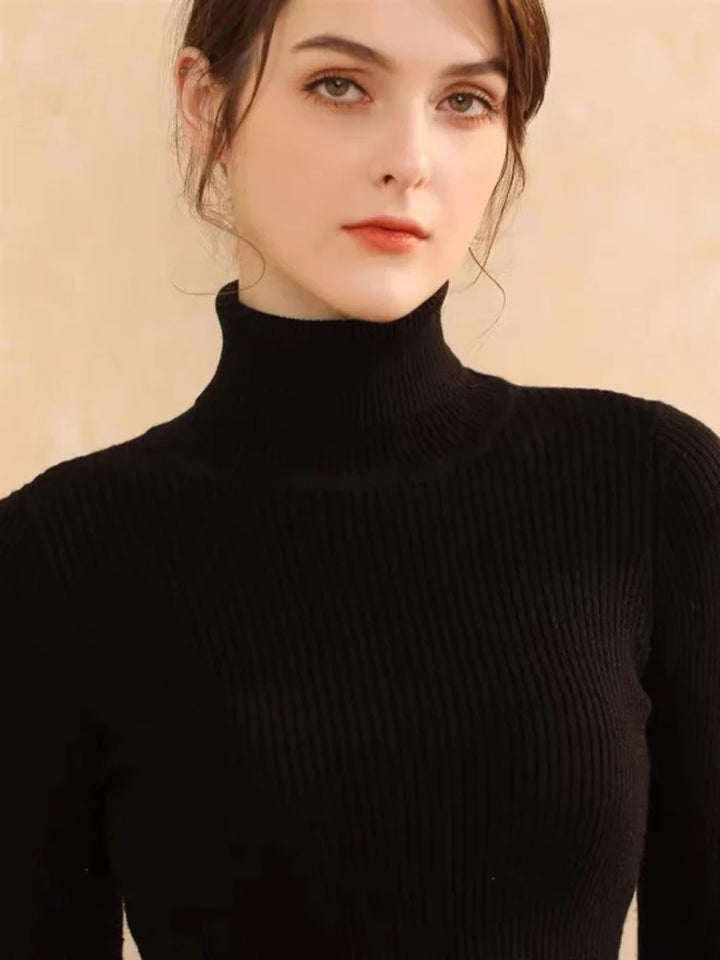 Dame flerfarvet stribet turtleneck sweater med lange ærmer, frontvisning, stilfuld og varm til efteråret.