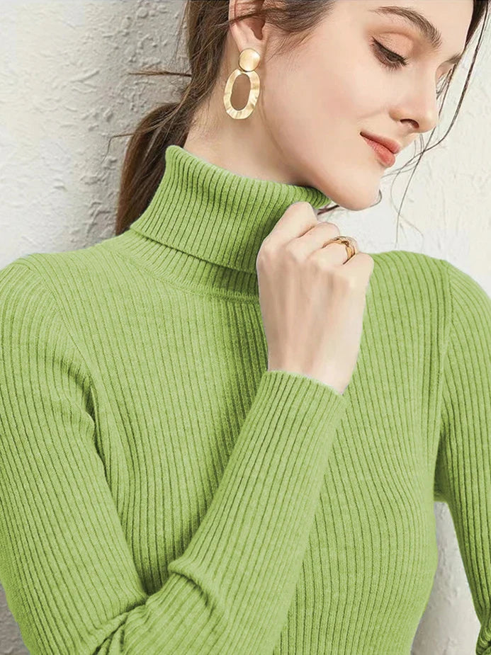 Dame flerfarvet stribet turtleneck sweater med lange ærmer, frontvisning, stilfuld og varm til efteråret.