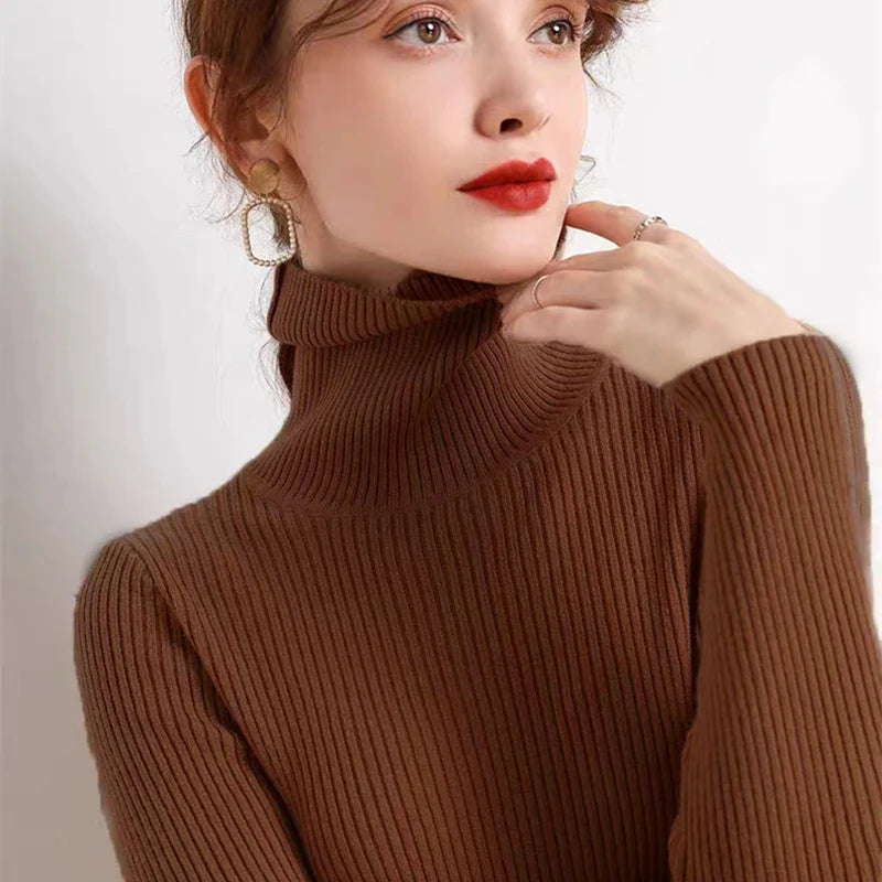 Dame flerfarvet stribet turtleneck sweater med lange ærmer, frontvisning, stilfuld og varm til efteråret.