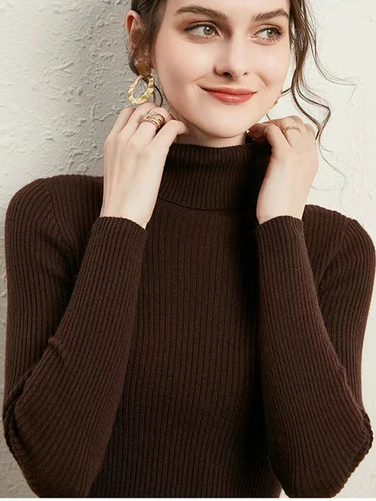 Dame flerfarvet stribet turtleneck sweater med lange ærmer, frontvisning, stilfuld og varm til efteråret.