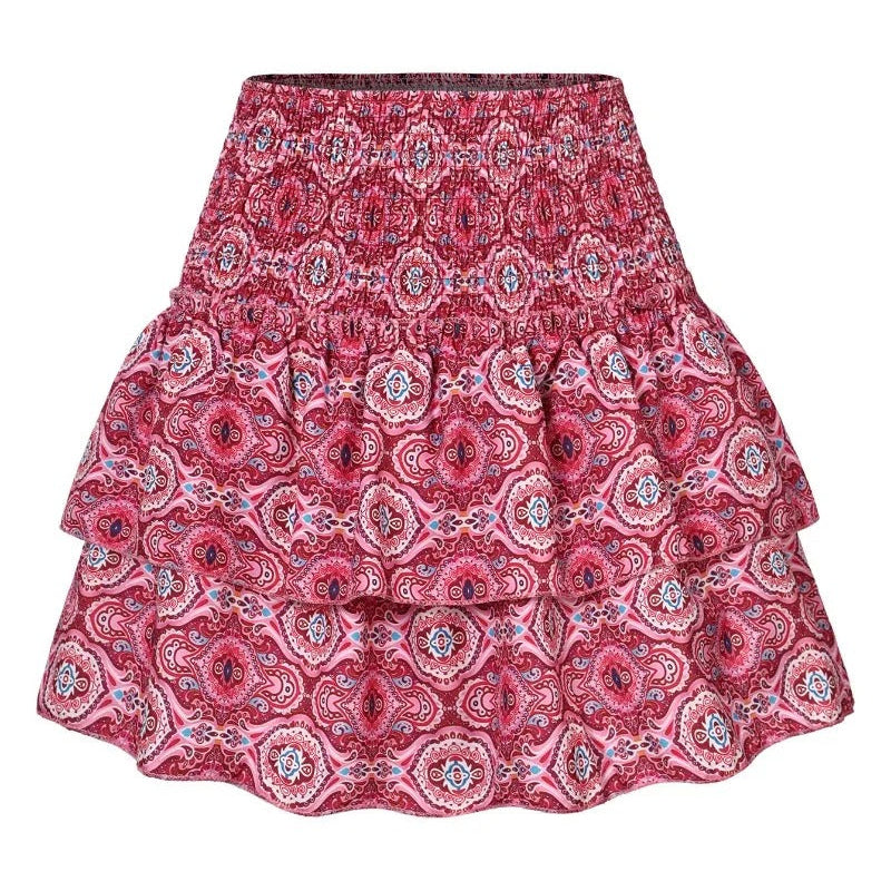 Dame elegant print flæse mini nederdel med høj talje, legende print, elegant silhuet, let og åndbart materiale.
