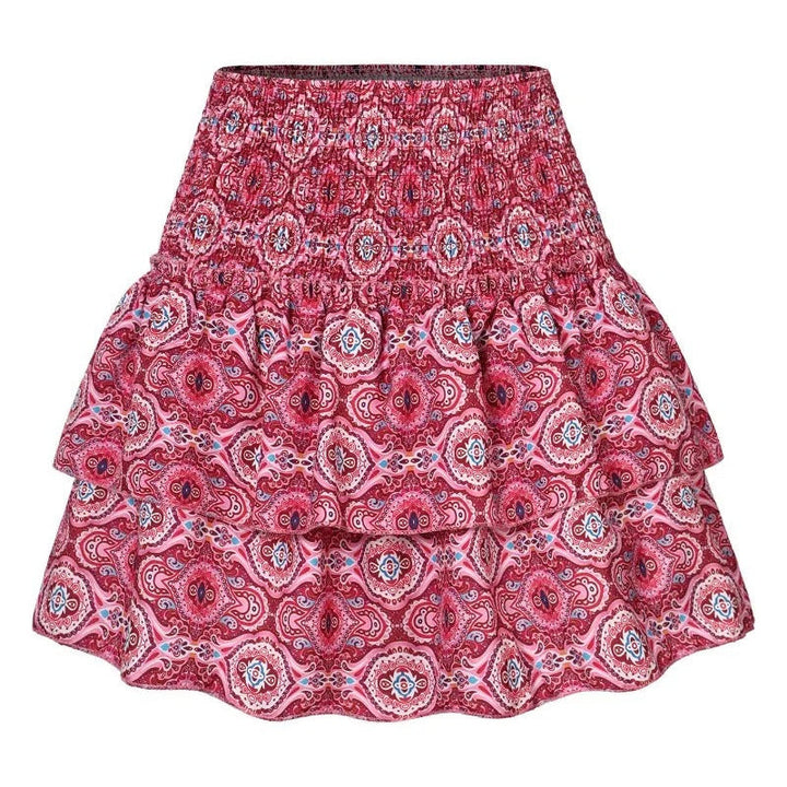 Dame elegant print flæse mini nederdel med høj talje, legende print, elegant silhuet, let og åndbart materiale.