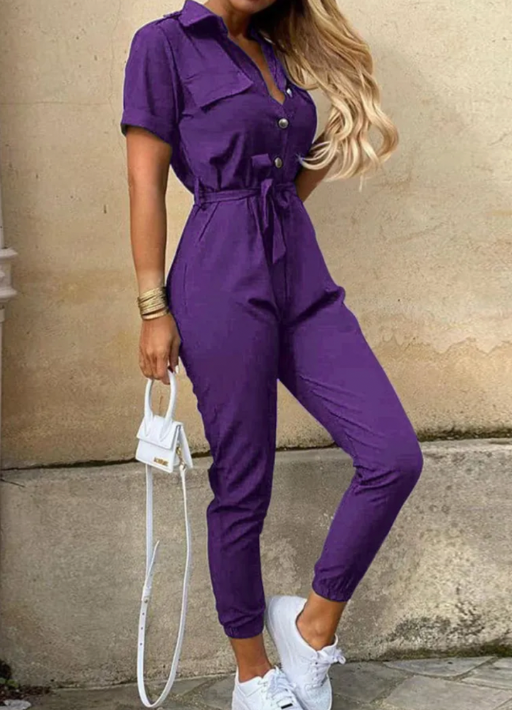 Dame multifarvet, elegant jumpsuit forfra, flatterende snit, velegnet til fester; høj komfort og mode