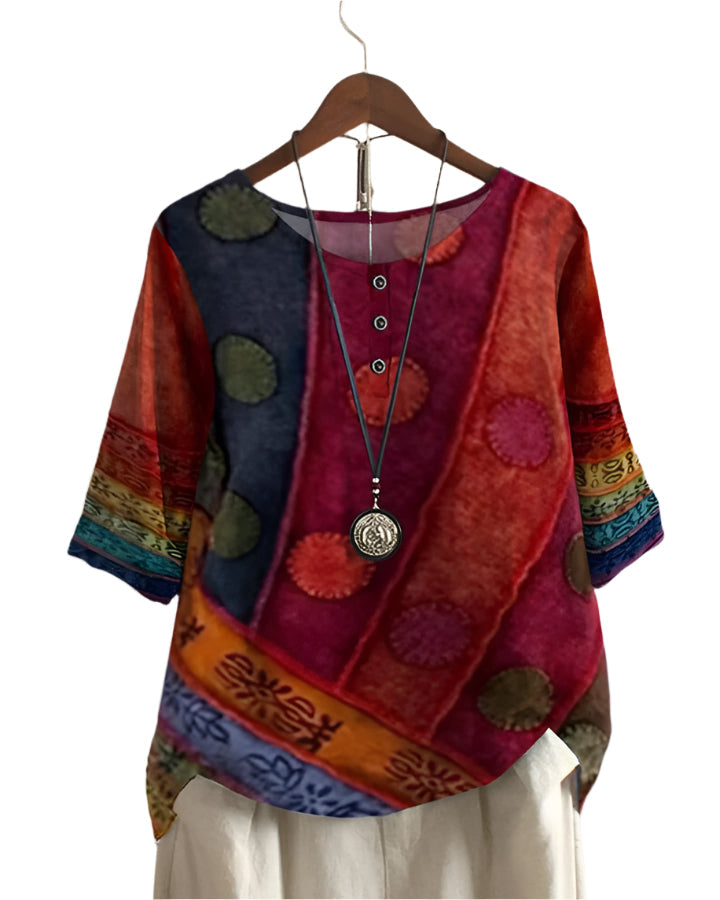 Dame sommerbluse i vintage-stil, let og boheme, afslappet pasform, egnet til sommer og hverdag.