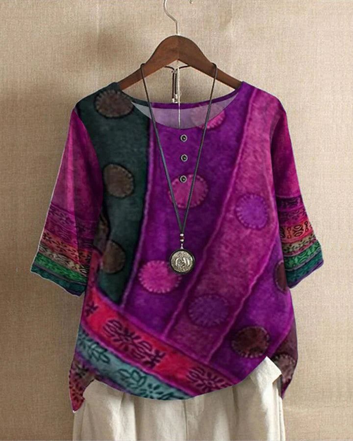 Dame sommerbluse i vintage-stil, let og boheme, afslappet pasform, egnet til sommer og hverdag.