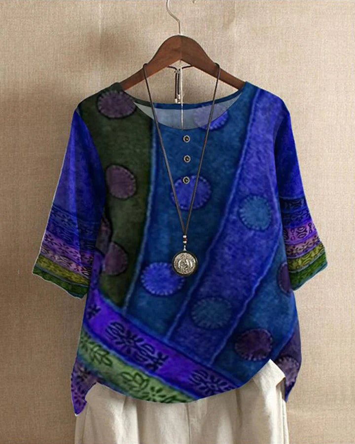 Dame sommerbluse i vintage-stil, let og boheme, afslappet pasform, egnet til sommer og hverdag.