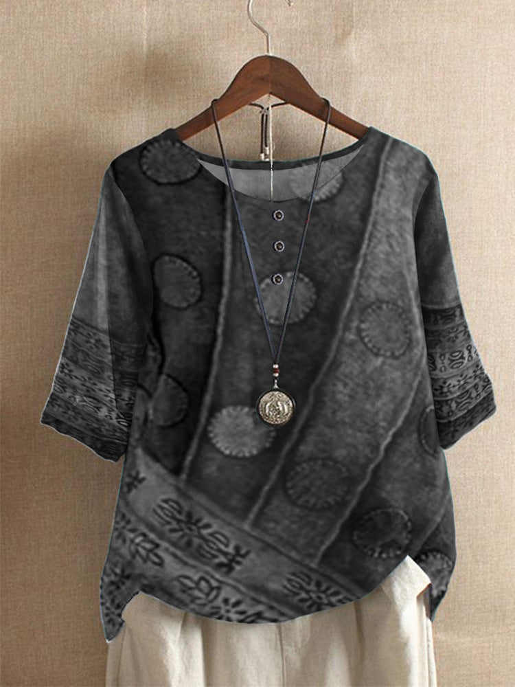 Dame sommerbluse i vintage-stil, let og boheme, afslappet pasform, egnet til sommer og hverdag.