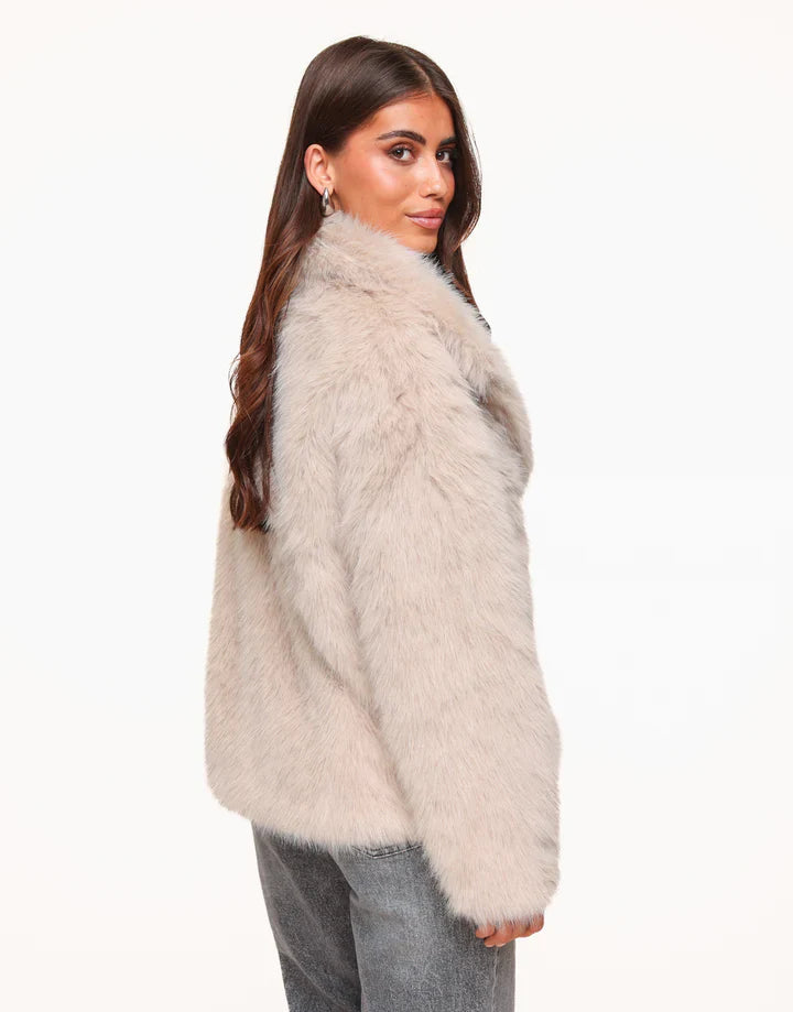 Naisten muhkea faux fur -takki, elegantti viimeistely, edestä, kevyt ja lämmin syksyn ja talven viileään säähän.