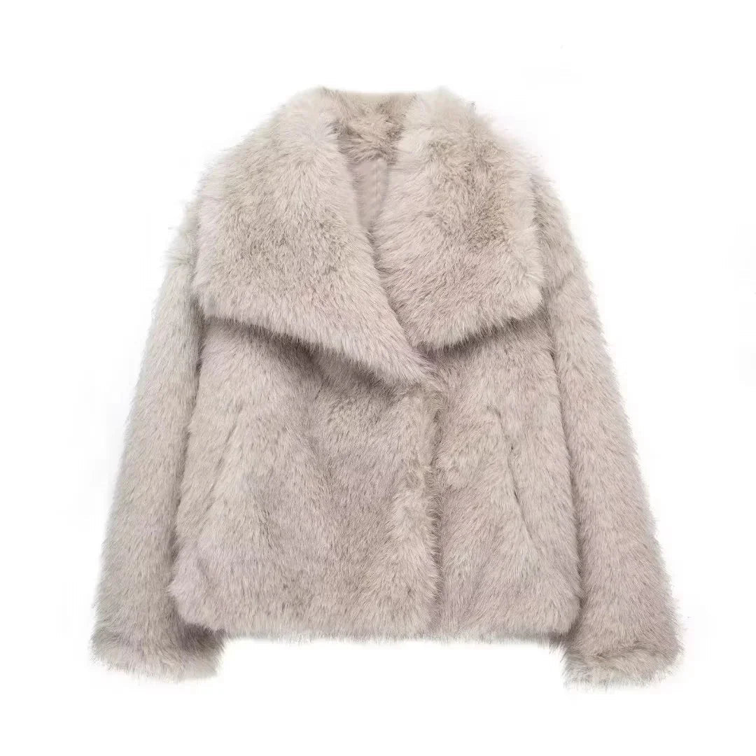 Naisten muhkea faux fur -takki, elegantti viimeistely, edestä, kevyt ja lämmin syksyn ja talven viileään säähän.