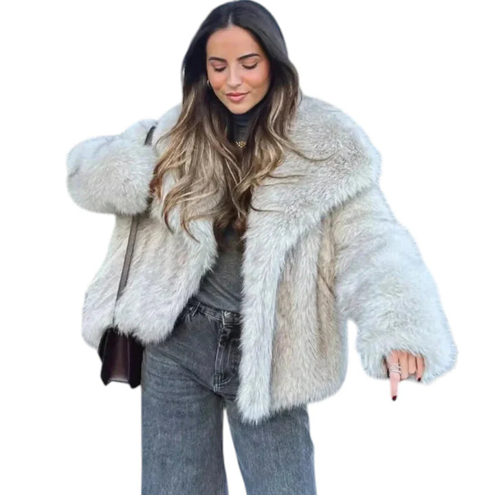 Naisten muhkea faux fur -takki, elegantti viimeistely, edestä, kevyt ja lämmin syksyn ja talven viileään säähän.