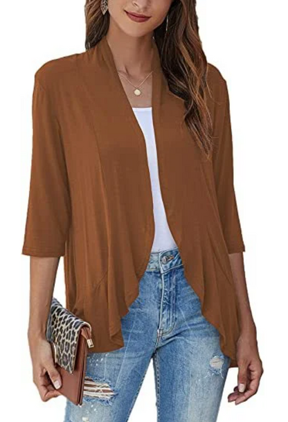Dame komfortabel åben vest i blødt materiale, stilfuld åben front, alsidig til hverdagsoutfits.
