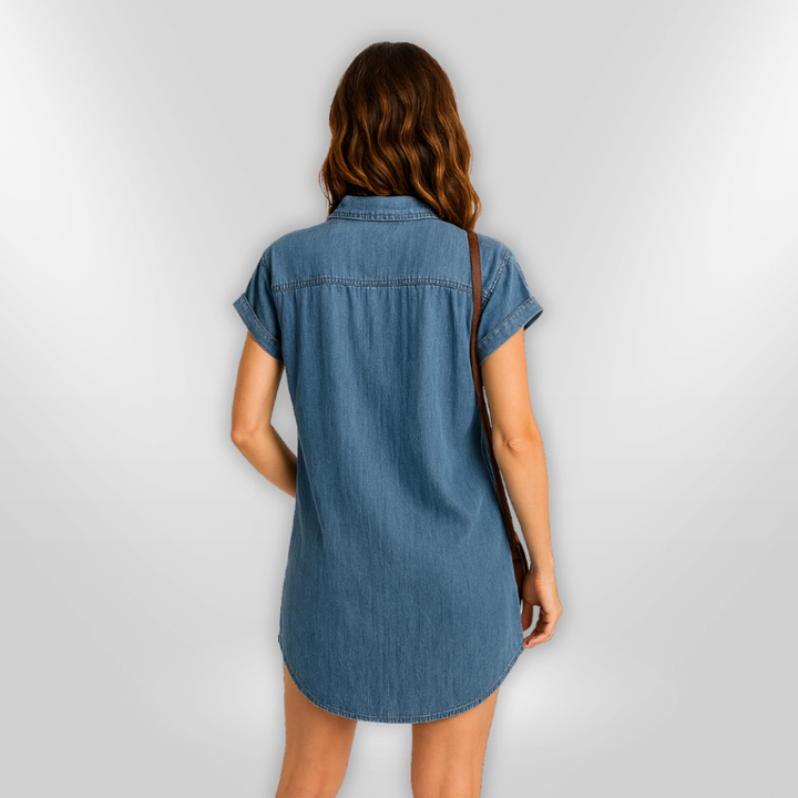 Dame sommerkjole i denim med knapper, lyseblå, detaljer; let stof og funktionelle lommer, stilfuldt afslappet look.