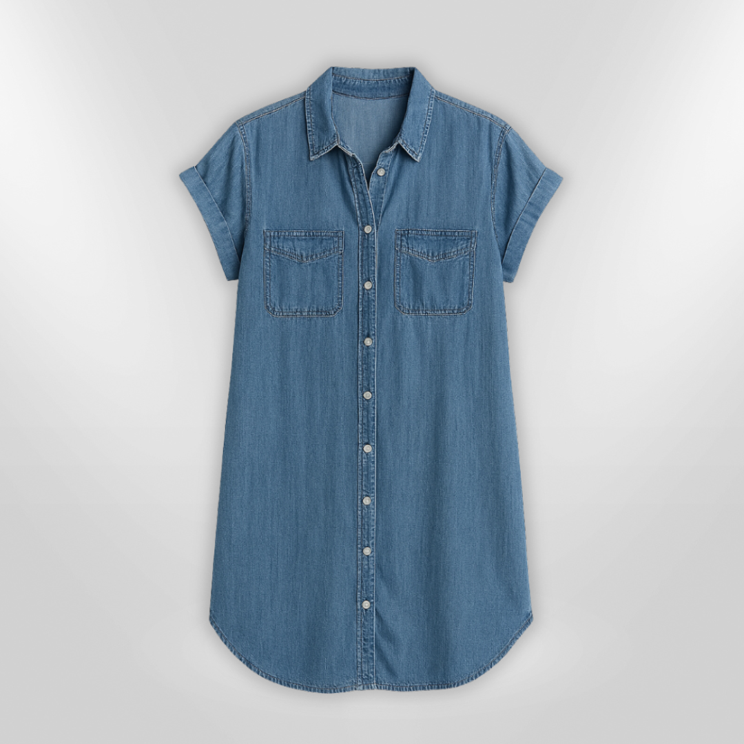 Dame sommerkjole i denim med knapper, lyseblå, forfra; let stof og funktionelle lommer, stilfuldt afslappet look.