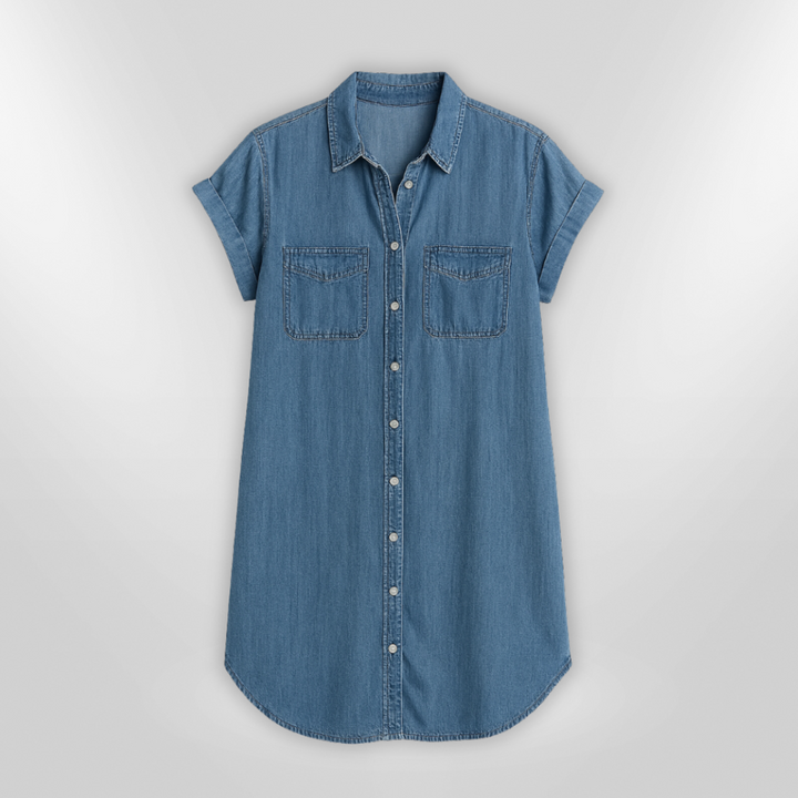 Dame sommerkjole i denim med knapper, lyseblå, forfra; let stof og funktionelle lommer, stilfuldt afslappet look.