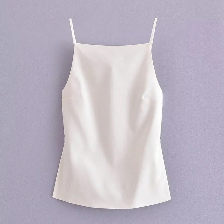Dame top med firkantet hals, åben ryg, minimalistisk design, let stof, sort farve.