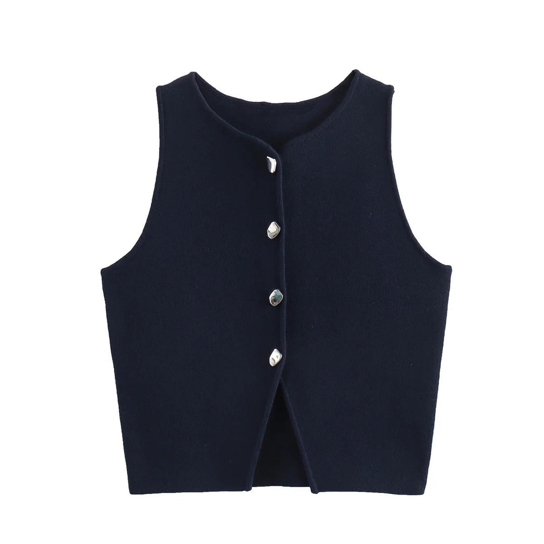 Dames gebreide crop tank top met knopen, zijdeachtig gebreid, knopen aan de voorkant, mouwloos, modern, modieuze casual stijl.