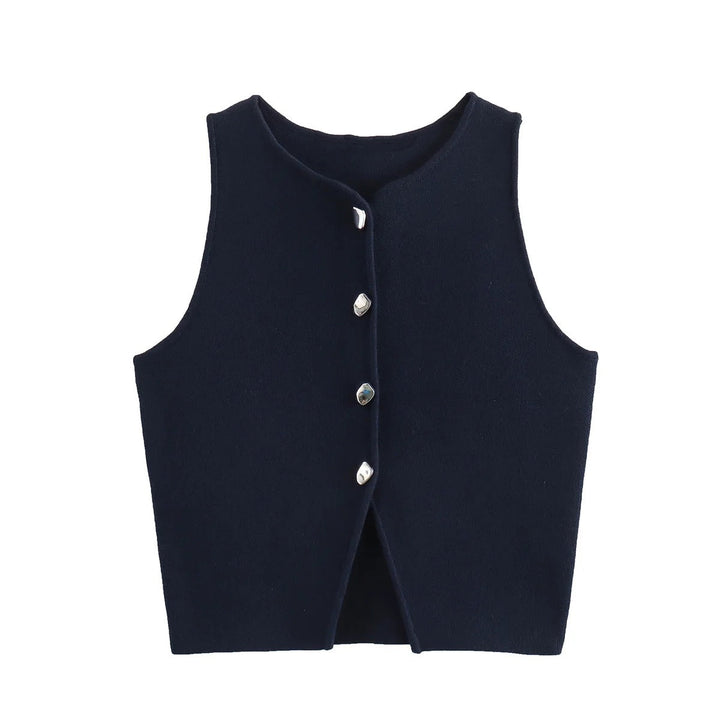 Dames gebreide crop tank top met knopen, zijdeachtig gebreid, knopen aan de voorkant, mouwloos, modern, modieuze casual stijl.