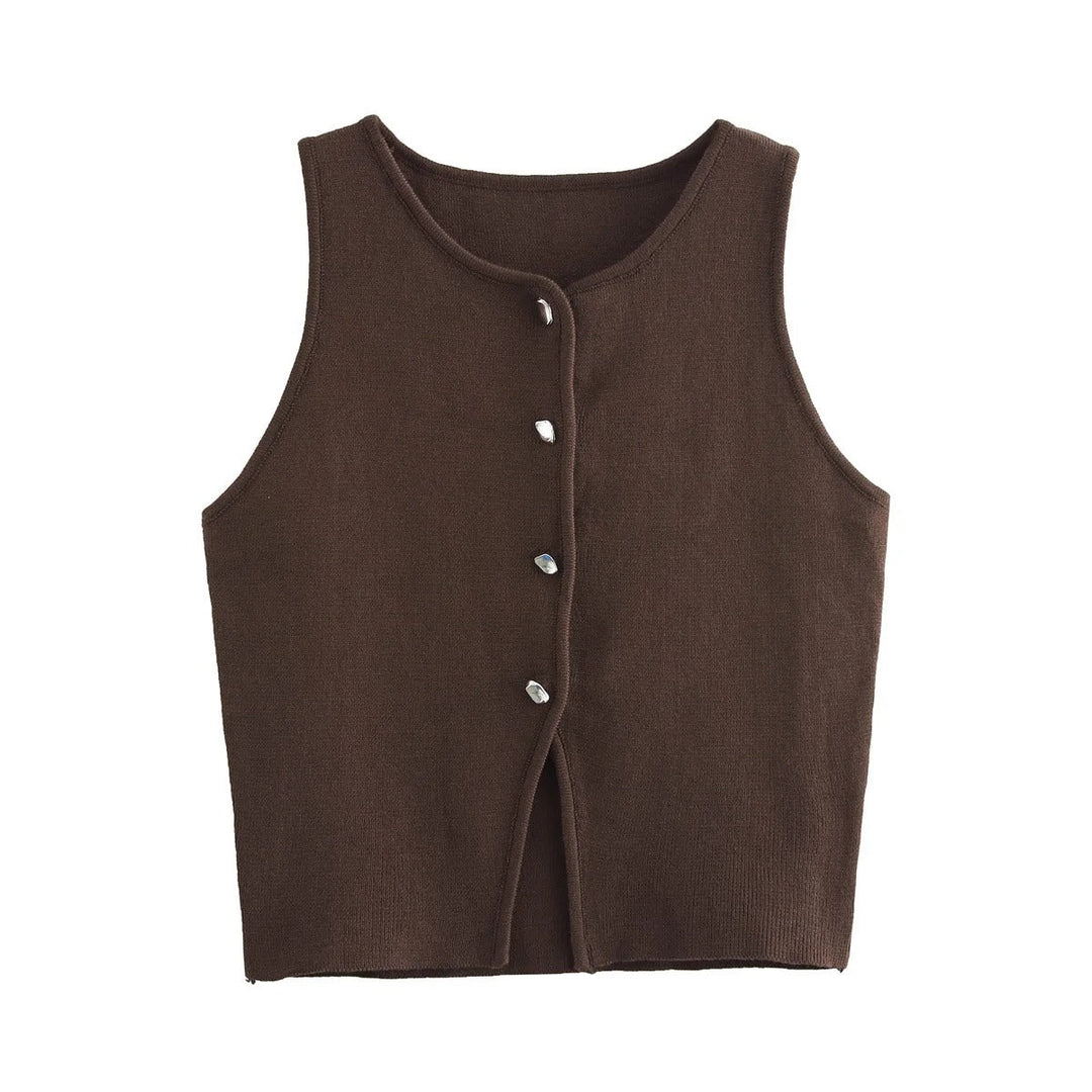 Dames gebreide crop tank top met knopen, zijdeachtig gebreid, knopen aan de voorkant, mouwloos, modern, modieuze casual stijl.