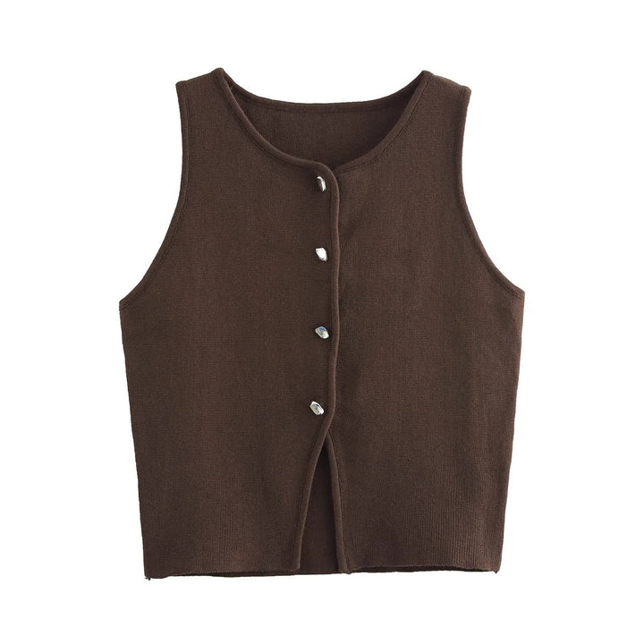 Dames gebreide crop tank top met knopen, zijdeachtig gebreid, knopen aan de voorkant, mouwloos, modern, modieuze casual stijl.