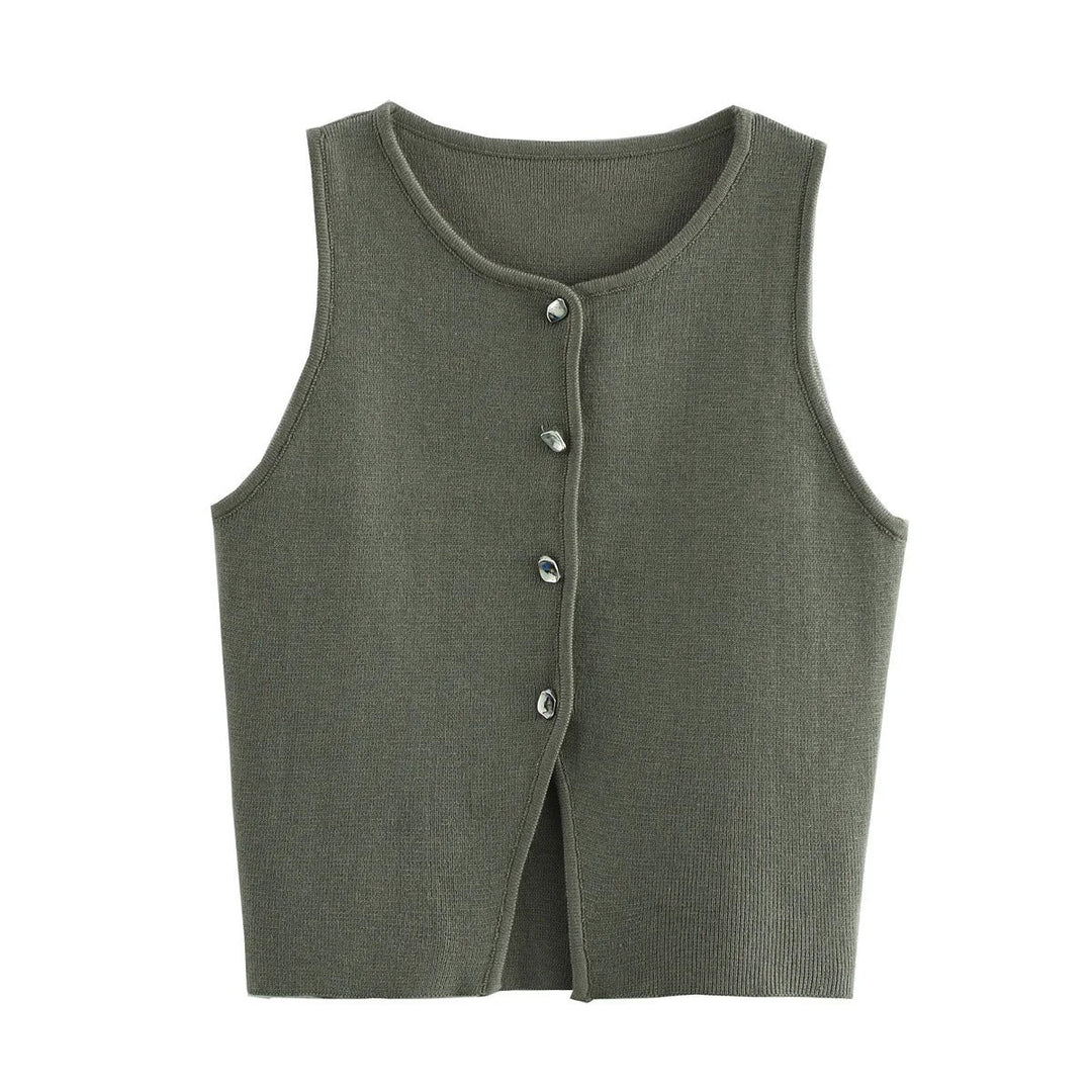 Dames gebreide crop tank top met knopen, zijdeachtig gebreid, knopen aan de voorkant, mouwloos, modern, modieuze casual stijl.