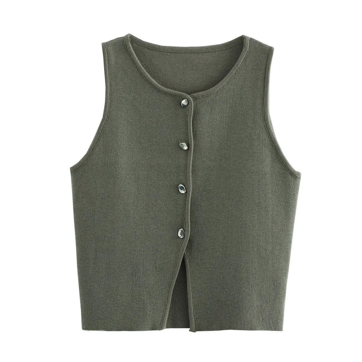 Dames gebreide crop tank top met knopen, zijdeachtig gebreid, knopen aan de voorkant, mouwloos, modern, modieuze casual stijl.