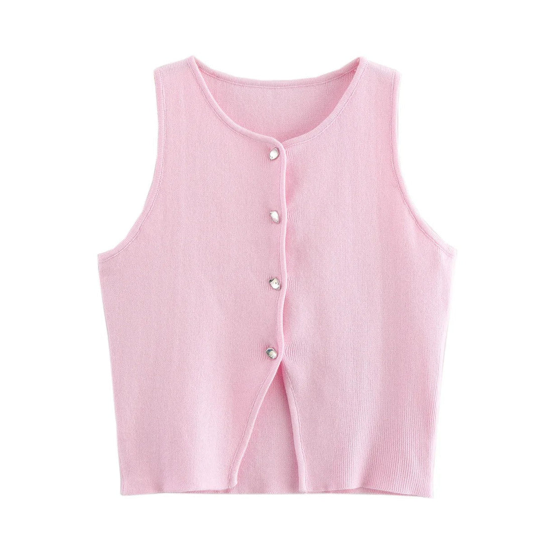 Dames gebreide crop tank top met knopen, zijdeachtig gebreid, knopen aan de voorkant, mouwloos, modern, modieuze casual stijl.