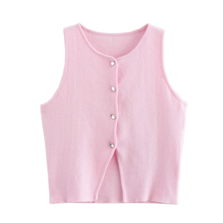 Dames gebreide crop tank top met knopen, zijdeachtig gebreid, knopen aan de voorkant, mouwloos, modern, modieuze casual stijl.