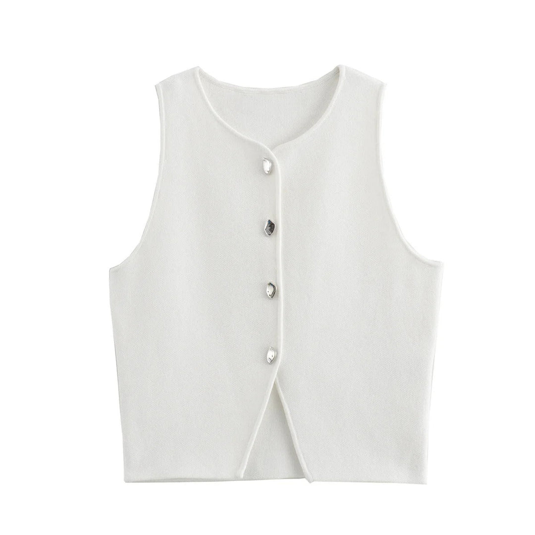 Dames gebreide crop tank top met knopen, zijdeachtig gebreid, knopen aan de voorkant, mouwloos, modern, modieuze casual stijl.