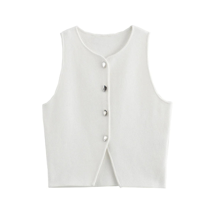 Dames gebreide crop tank top met knopen, zijdeachtig gebreid, knopen aan de voorkant, mouwloos, modern, modieuze casual stijl.