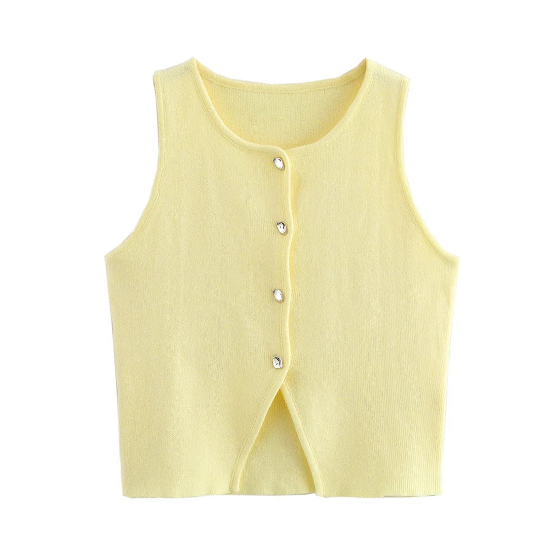 Dames gebreide crop tank top met knopen, zijdeachtig gebreid, knopen aan de voorkant, mouwloos, modern, modieuze casual stijl.