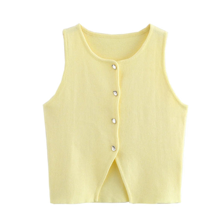 Dames gebreide crop tank top met knopen, zijdeachtig gebreid, knopen aan de voorkant, mouwloos, modern, modieuze casual stijl.