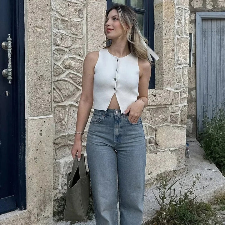 Dames gebreide crop tank top met knopen, zijdeachtig gebreid, knopen aan de voorkant, mouwloos, modern, modieuze casual stijl.