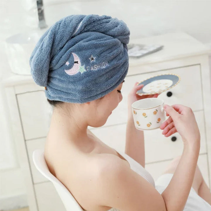 Dame hurtigttørrende håndklæde turban, mørkeblå mikrofiber, reducerer kruset og varmeskader på håret.