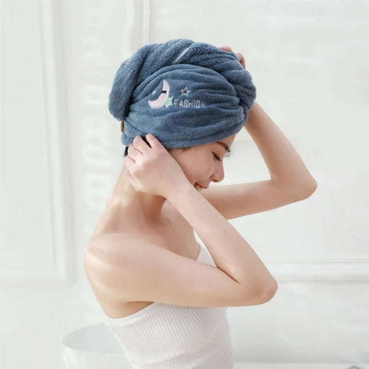 Dame hurtigttørrende håndklæde turban, mørkeblå mikrofiber, reducerer kruset og varmeskader på håret.