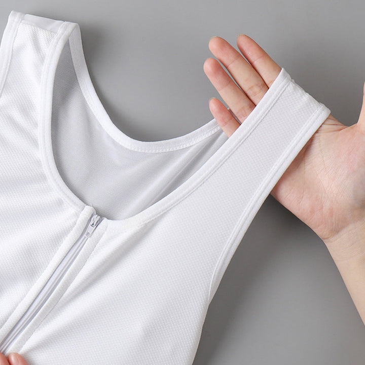 Dame let bustier top med lynlås, sort, rund halsudskæring, brede stropper, mesh stof, moderne stil.